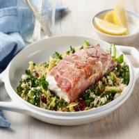 Prosciutto-Wrapped Halibut with Brussels Sprouts and Kale Couscous_image