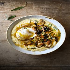 Creamy Parmesan polenta with beer sautéed mushrooms | Serving Dumplings_image