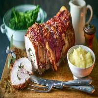 Rolled roast loin of pork with homemade apple sauce_image