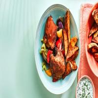 Cajun chicken traybake with sweet potato wedges & chive dip image