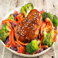 Teriyaki-Glazed Pork Chop With Stir-Fried Red Bell Pepper, Red Cabbage, Carrot, and Broccoli_image