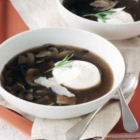 Mushroom Soup with Poached Eggs and Parmesan Cheese_image