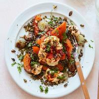 Slow-roast squash & garlic lentils with harissa yogurt_image