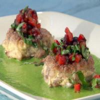 Blue Corn Crab Cakes with Black Olive-Red Pepper Relish and Basil Vinaigrette_image