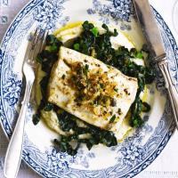 Brown butter-poached halibut with celeriac purée & caper crumbs image