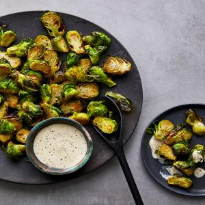 Air Fryer Roasted Brussels Sprouts with Maple-Mustard Mayo image