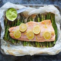 Poached salmon & asparagus with wild garlic mayonnaise image