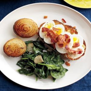 Egg-Bacon Toasts with Onions and Spinach image