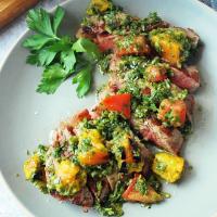 Grilled New York Strip Steaks with Peach Chimichurri_image