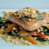 Rice Paper Wrapped Salmon on Coconut Milk Spinach_image