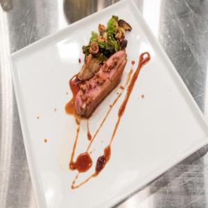 Pan-Roasted Duck with Caramelized Brussels Sprouts, Pomegranate and Red-Eye Gravy_image