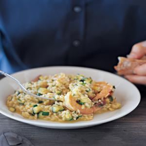 Yellow-Pepper Risotto with Shrimp and Zucchini image