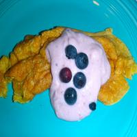 Peanut Butter Protein Pancake With Blueberry Vanilla Topping image