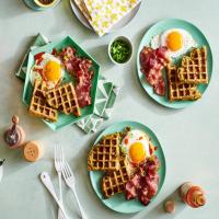 Broccoli & Cheese Veggie Tots Waffles with Bacon and Eggs image