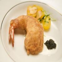 Buttermilk Battered Shrimp with California Sturgeon Caviar and Creme Fraiche Over Pea Sprout and Tomato Salad_image