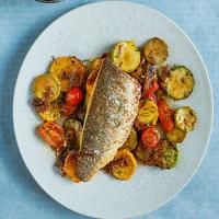 Sea bass with braised courgettes & harissa mayo image