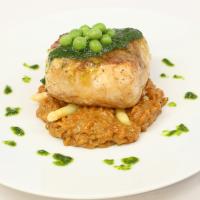 Pan-Seared Halibut with White Asparagus Risotto and Pea Purée_image