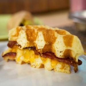 Cheddar and Bacon Cornmeal Waffle Sandwiches with Maple Mustard_image