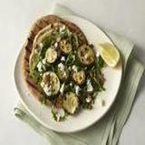 Roasted Zucchini Flatbread with Hummus, Arugula, Goat Cheese, and Almonds_image