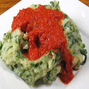 Baked Spanish Spinach Balls in Roasted Bell Pepper Sauce (Albond image