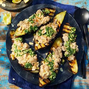 Charred aubergines with white beans & salsa verde_image