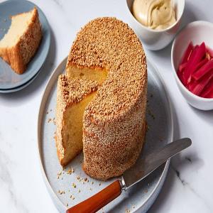Tahini Chiffon Cake With Burnt Honey Cream and Poached Rhubarb_image