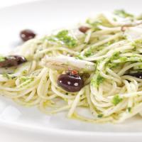 Spaghettini with Broccoli Rabe Pesto, Calamari and Ligurian Olives image