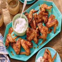 Grilled Chicken Wings with Spicy Chipotle Hot Sauce and Blue Cheese-Yogurt Dipping Sauce_image
