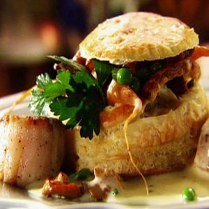 Seared Sea Scallops in Beurre Blanc with Baby Spring Vegetables in Puff Pastry_image