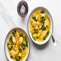 Azafrán Soup With Spinach Greens and Yellow Cornmeal Dumplings_image