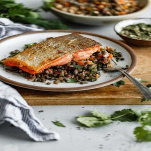 Pan Seared Salmon with Caper Herb Vinaigrette and French Lentil Salad_image