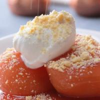 Cranberry-Poached Pears With Whipped Cream And Shortbread Crumbles Recipe by Tasty_image
