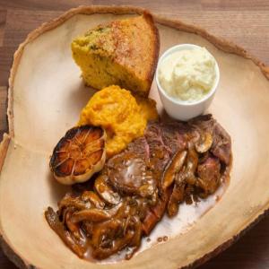 Buffalo Steaks with Sweet Potatoes, Cornbread and Gravy_image