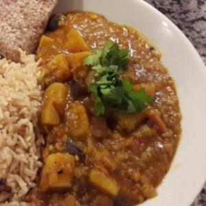 Aubergine, white sweet potato and lentil curry_image