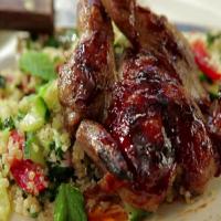 Grilled Quail with Pomegranate-Orange BBQ Sauce and Tabouli with Quinoa and Shredded Kale_image