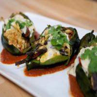 Migas-Filled Chile Rellenos with Pulled Chicken, Tomato Salsa and Chiuhaha Sauce image