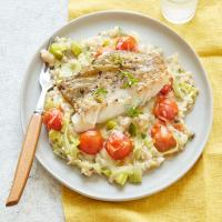 Leek, tomato & barley risotto with pan-cooked cod image