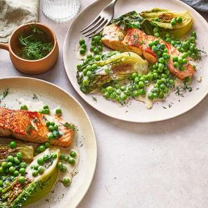 Pan-fried salmon with braised Little Gem image
