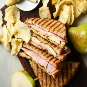 Grilled Ham and Cheese Sandwich With Fresh Pears image