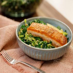 Kale and Brussels Sprout Caesar with Seared Salmon_image
