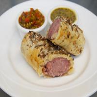 Everything-Spiced Pigs-in-a-Blanket with Cherry Pepper Relish and Horseradish Honey Mustard image