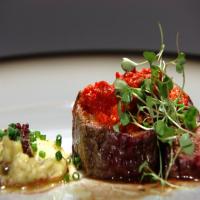 Bison Tenderloin with Piquillo Pepper Pesto and Tapenade Mashed Potatoes image