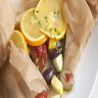 Baked Halibut with Zucchini, Olives, Tomatoes and Oranges image