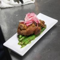 Crispy Pork with Asparagus and Pickled Onions image