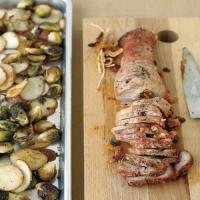 Apricot-Stuffed Pork with Potatoes and Brussels Sprouts image