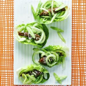 Cheat's duck, hoisin and cucumber lettuce cups image