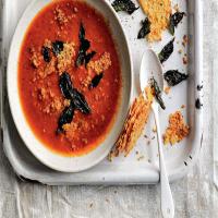 Roasted Quinoa and Tomato Soup With Parmesan Wafers and Crispy Basil_image