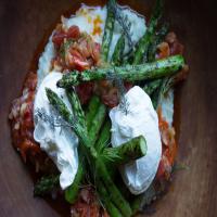 Griddled Asparagus, Piperade, Poached Eggs, and Grits image