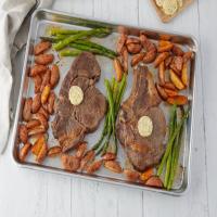 Rib-Eye Steaks with Thyme-Shallot Butter, Paprika Potatoes and Asparagus image