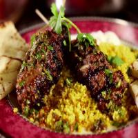 Moroccan Beef Kebabs with Curried Couscous, Raita and Charmoula Vinaigrette_image